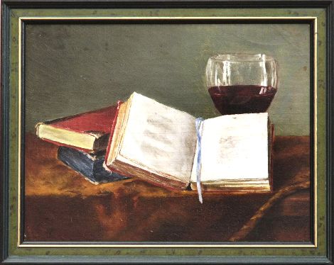 Stillleben mit Büchern und Rotwein